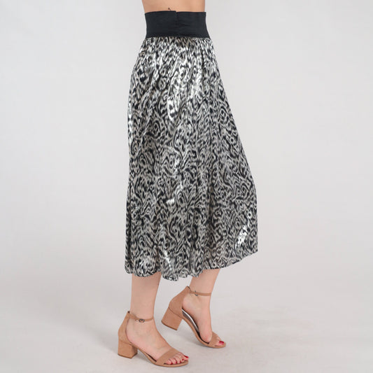 80s Metallic Abstract Midi Skirt Silver Black High Waist Elastic Extra Small