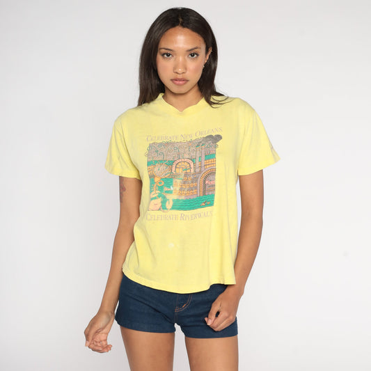 90s New Orleans Riverwalk Steamboat Graphic T-Shirt Yellow Distressed Small