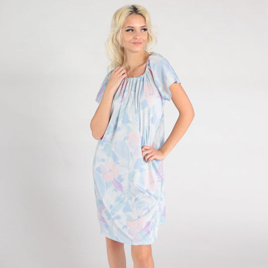 70s Pastel Blue Floral Shift Dress Short Sleeve Midi Medium Large