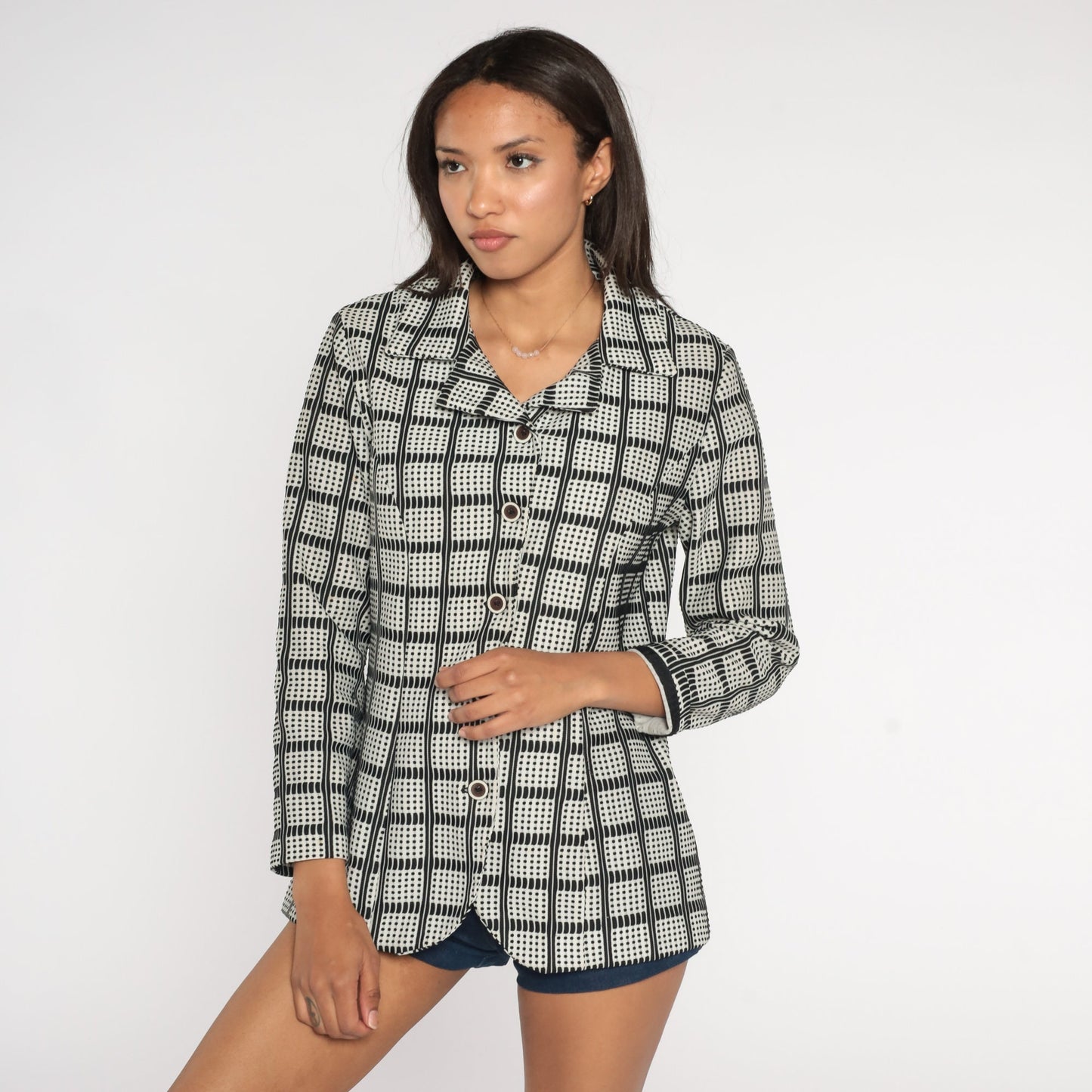 70s Checkered Button-Up Shirt Black White Collared Long Sleeve Medium