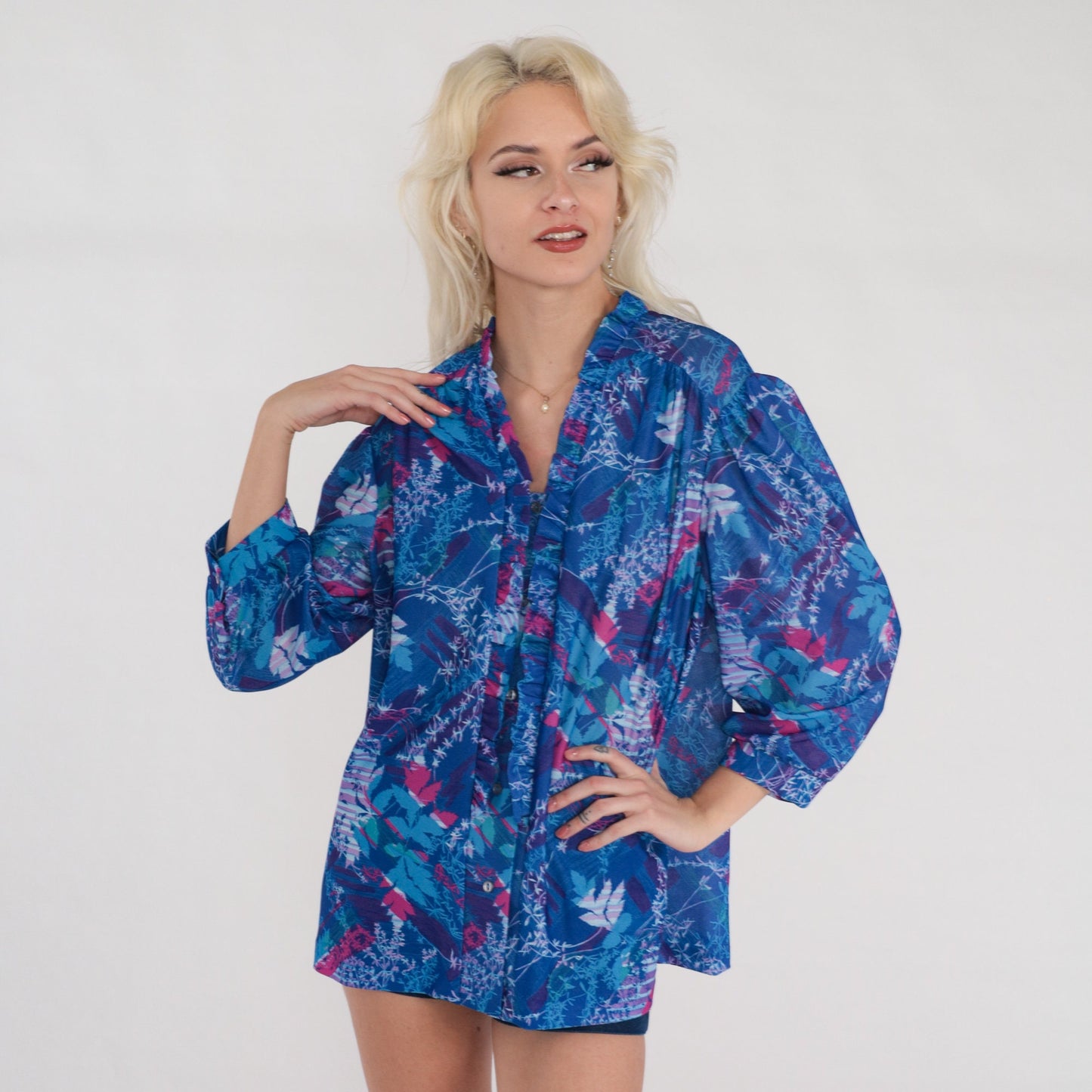70s Floral Leaf Print Blouse Blue Purple Pink 3/4 Sleeve Ruffle Top Extra Large