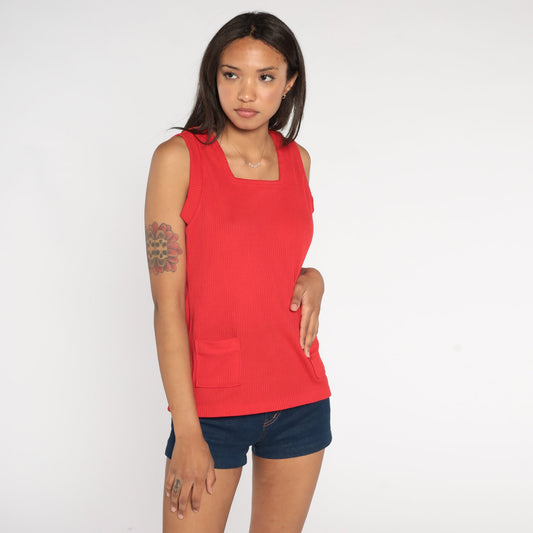70s Red Ribbed Tank Top Pocket Sleeveless Knit Blouse Small Medium