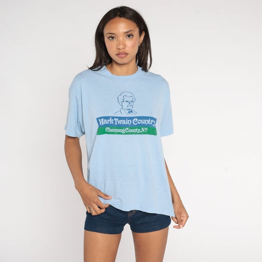 80s Mark Twain Country Chemung County NY Graphic T-Shirt Blue Burnout Extra Large