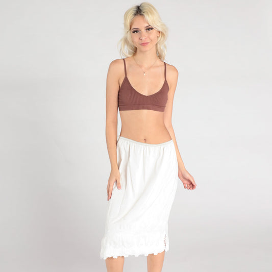 80s White Floral Embroidered Half Slip Midi Skirt Medium Large
