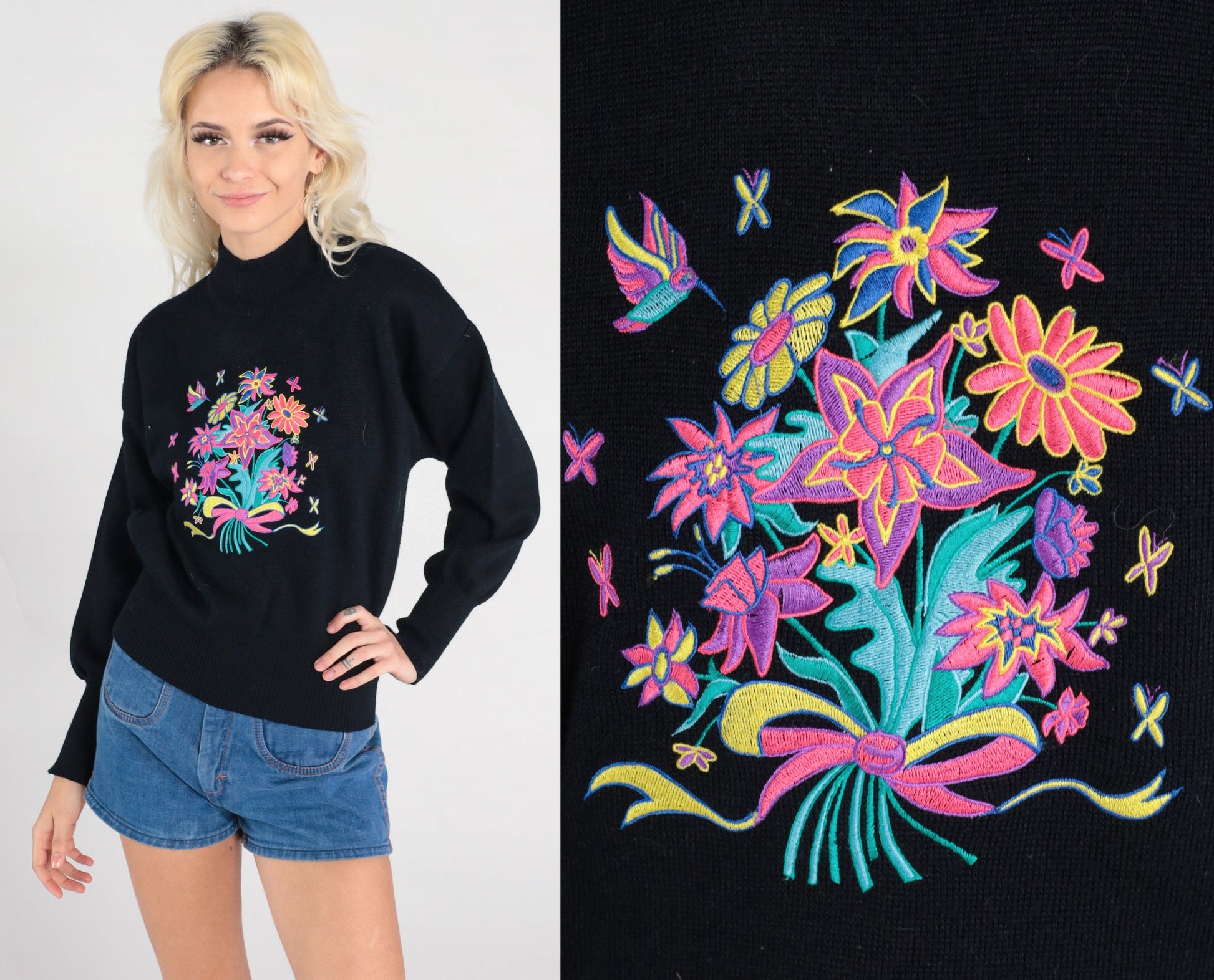 80s Meister Wool Embroidered Floral Mock Neck Sweater Black Small