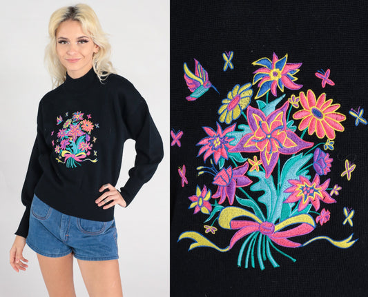 80s Meister Wool Embroidered Floral Mock Neck Sweater Black Small