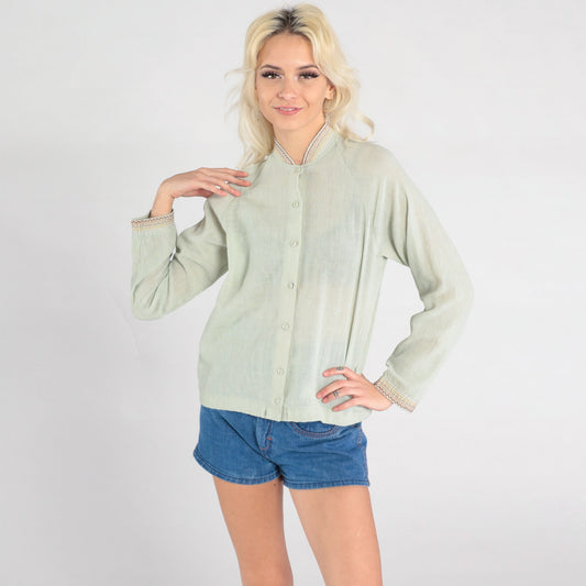 70s Sage Green Semi-Sheer Button-Up Blouse Embroidered Raglan Sleeve Small