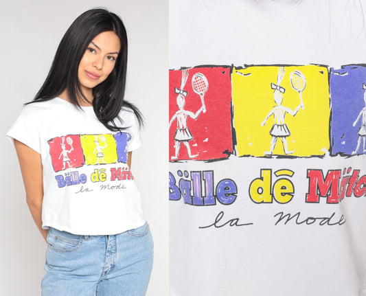 90s Balle de Match French Tennis Crop Top Cap Sleeve Graphic Tee Small