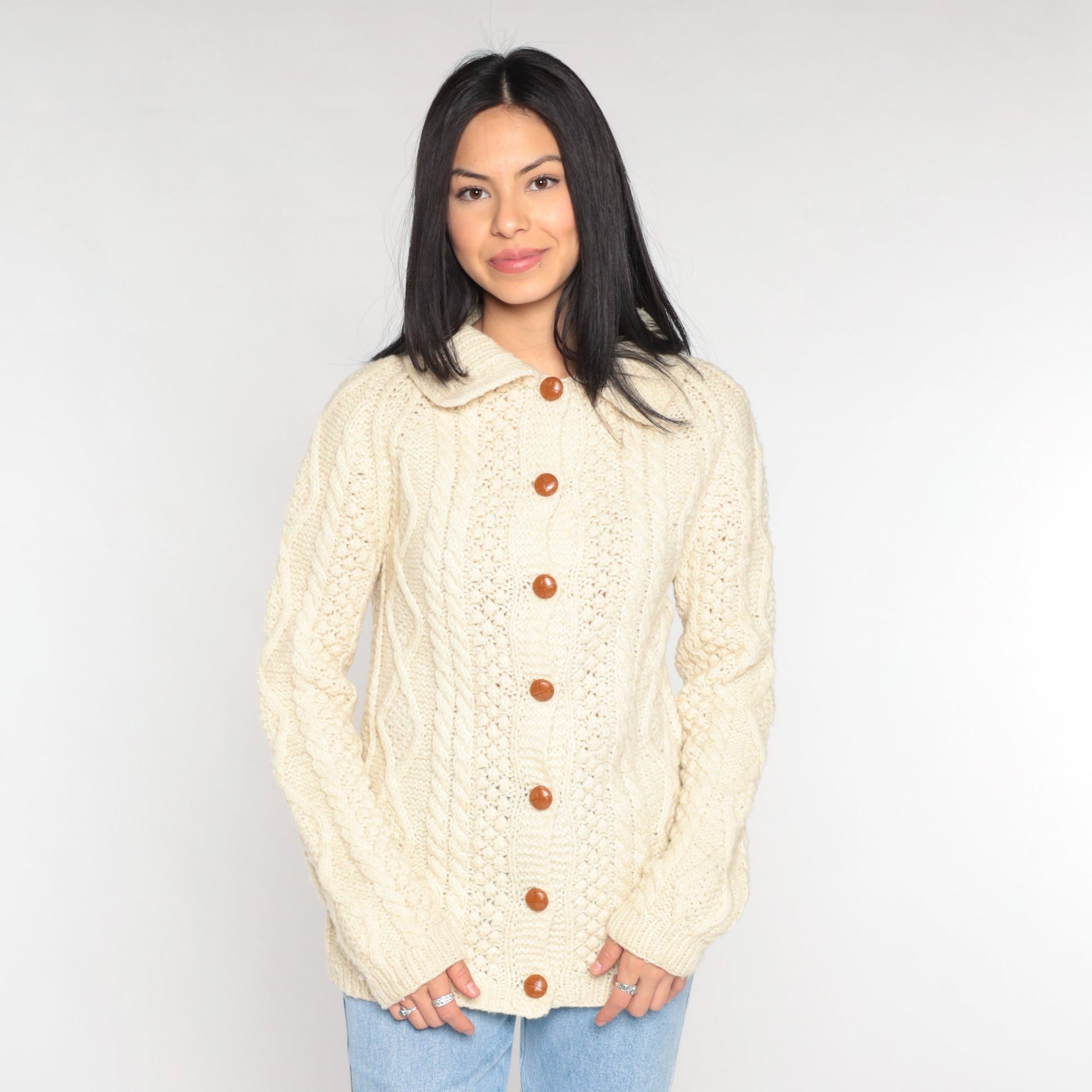90s Cream Cable Knit Cardigan Button-Up Collared Sweater Small S