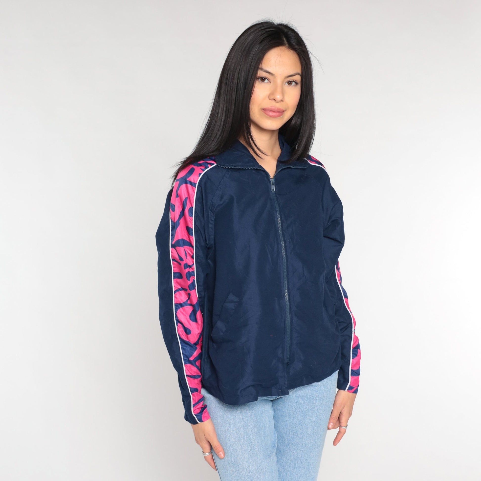 00s Navy Windbreaker Jacket Pink Abstract Print Zip-Up Extra Small