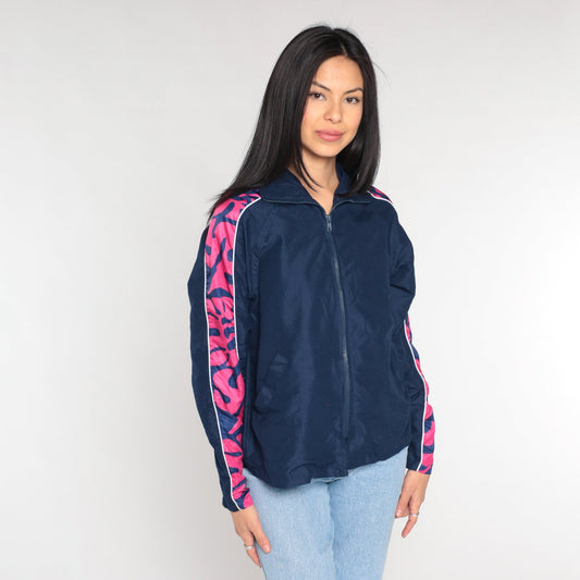 00s Navy Windbreaker Jacket Pink Abstract Print Zip-Up Extra Small