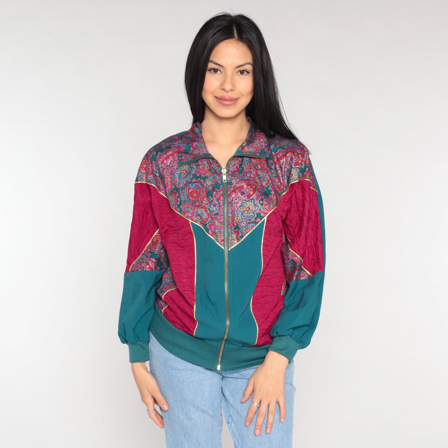 90s Floral Color Block Windbreaker Jacket Magenta Green Medium
