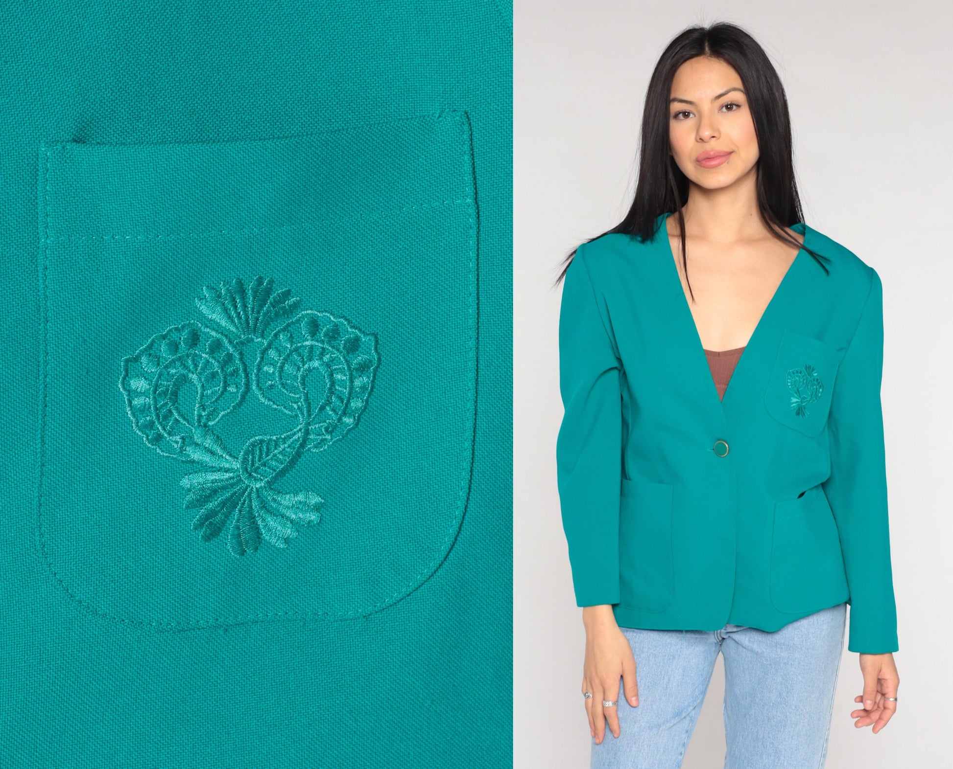 80s Teal Blazer Floral Embroidered Button-Up Jacket V-Neck Medium