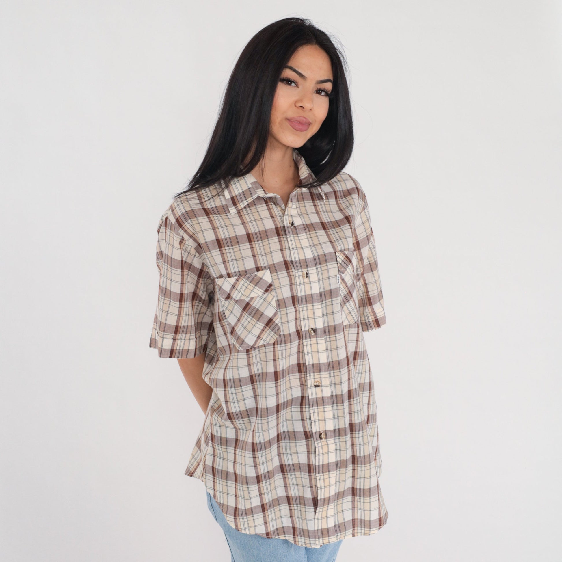 90s Levi's Plaid Button-Up Shirt Brown White Checkered Short Sleeve Men's Large