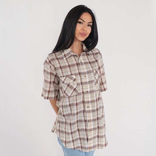 90s Levi's Plaid Button-Up Shirt Brown White Checkered Short Sleeve Men's Large
