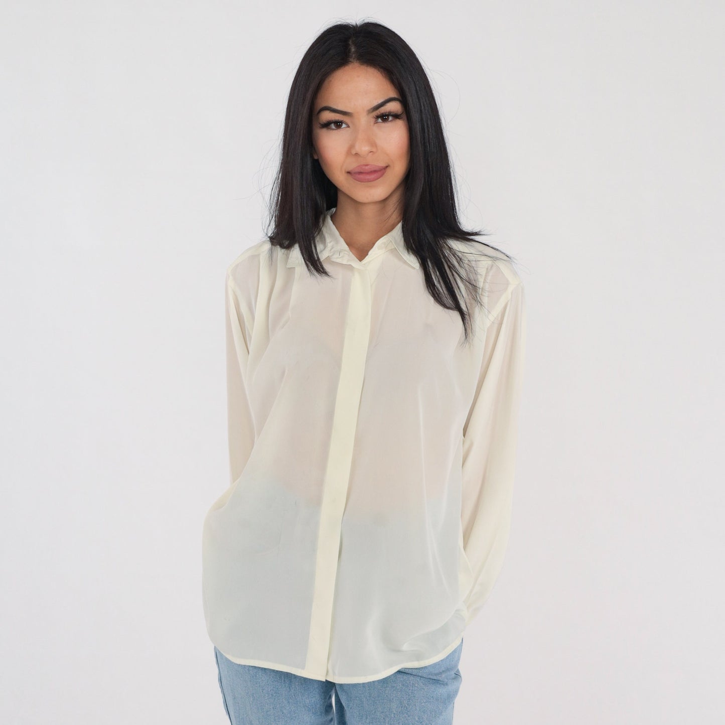 90s Evan Picone Cream Pleated Button-Up Blouse Collared Long Sleeve Large