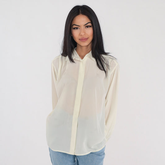 90s Evan Picone Cream Pleated Button-Up Blouse Collared Long Sleeve Large
