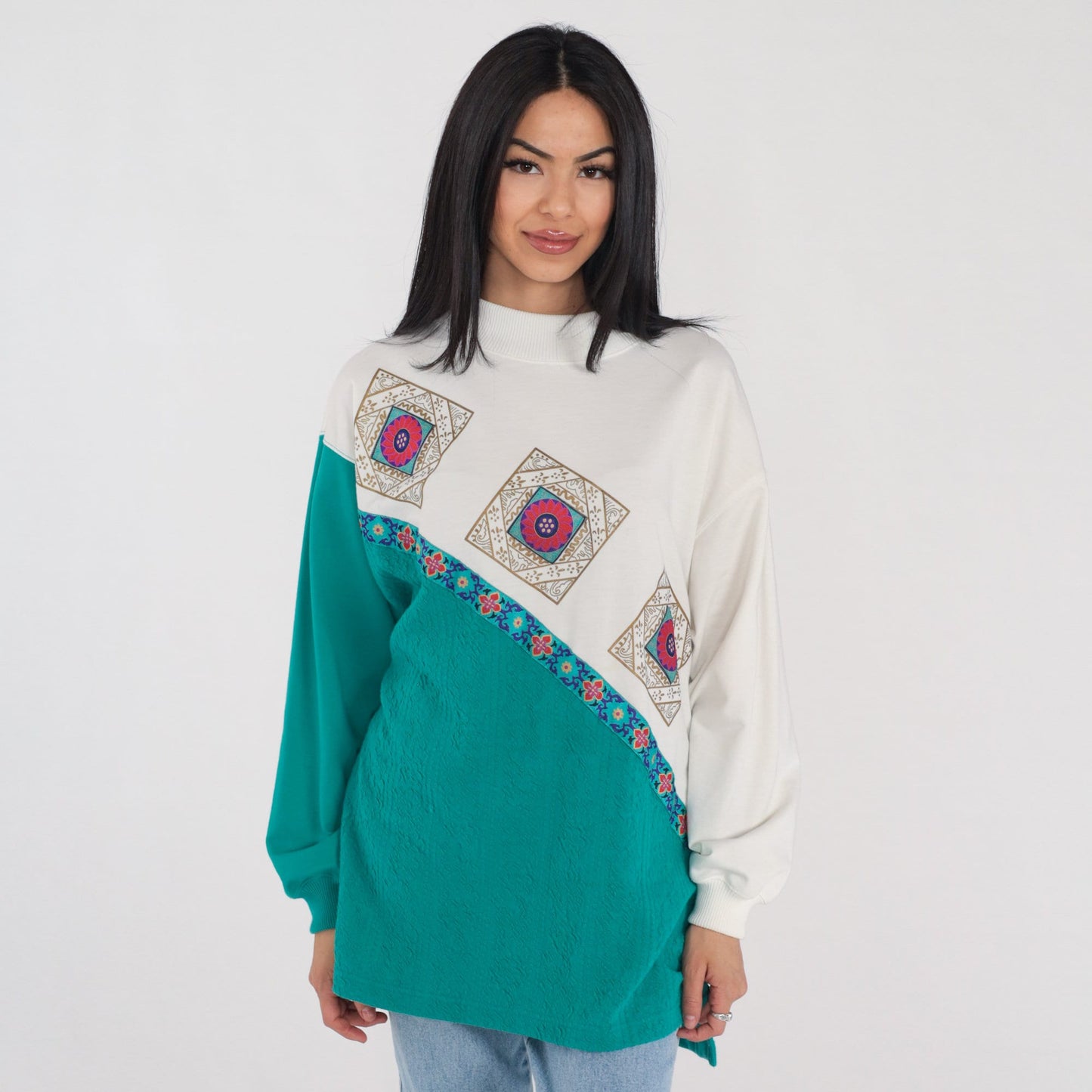 90s Floral Tile Print Color Block Long Sleeve Tee White Green Extra Large 1X