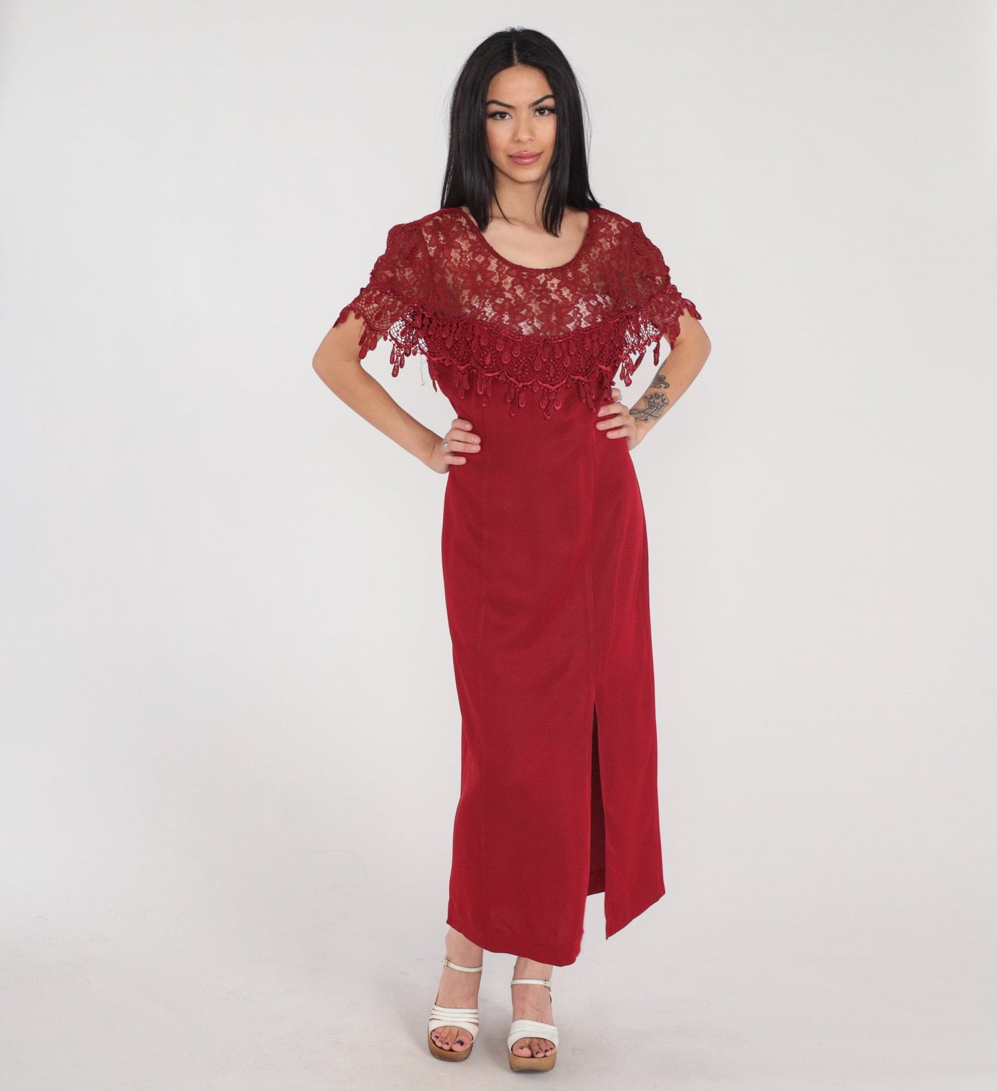 90s Red Lace Illusion Midi Dress Front Slit Short Sleeve Medium