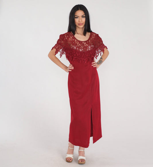 90s Red Lace Illusion Midi Dress Front Slit Short Sleeve Medium