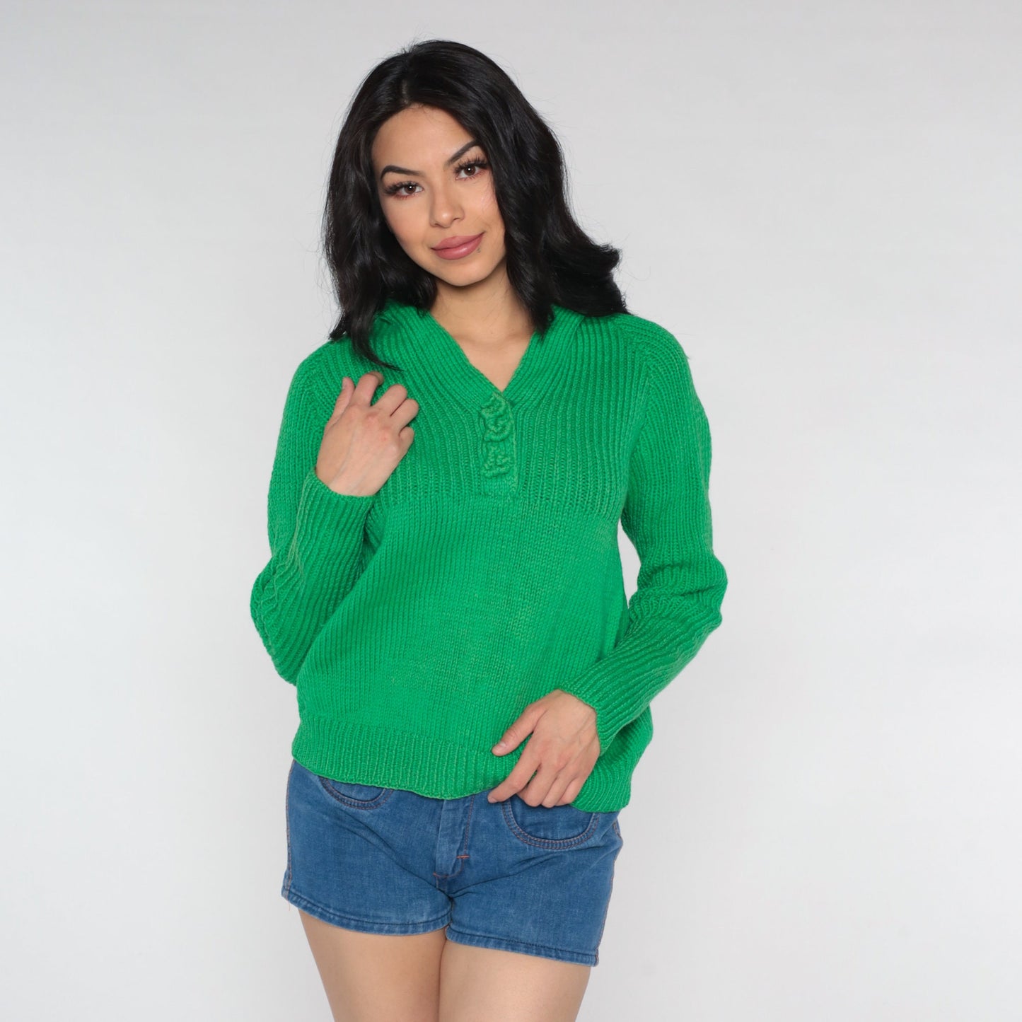 70s Green V-Neck Raglan Sweater Knit Jumper Appliqué Small Medium