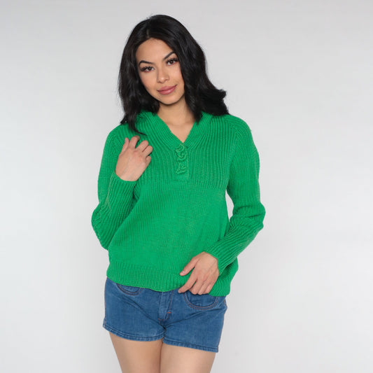 70s Green V-Neck Raglan Sweater Knit Jumper Appliqué Small Medium