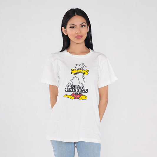 90s Shit Happens Duck Graphic T-Shirt White Single Stitch Medium M