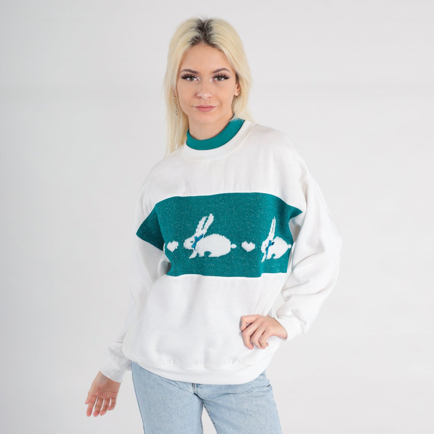 80s Bunny Rabbit Metallic Sweatshirt White Teal Graphic Crewneck Large