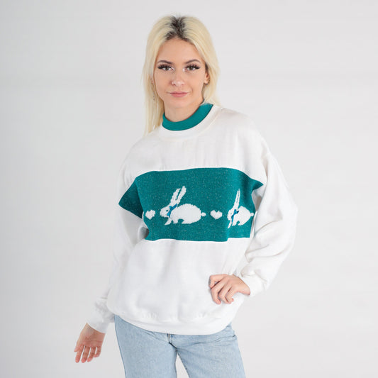 80s Bunny Rabbit Metallic Sweatshirt White Teal Graphic Crewneck Large