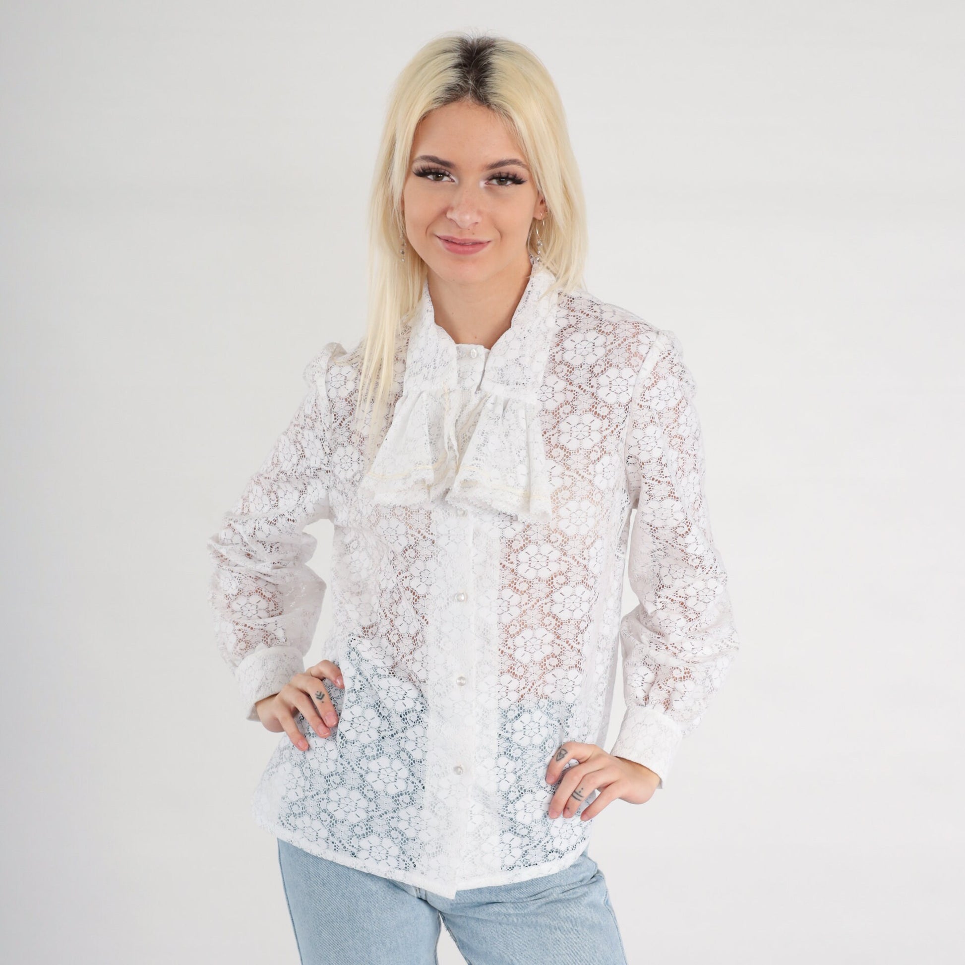 70s White Lace Jabot Blouse Long Sleeve Button Up Tuxedo Shirt Medium