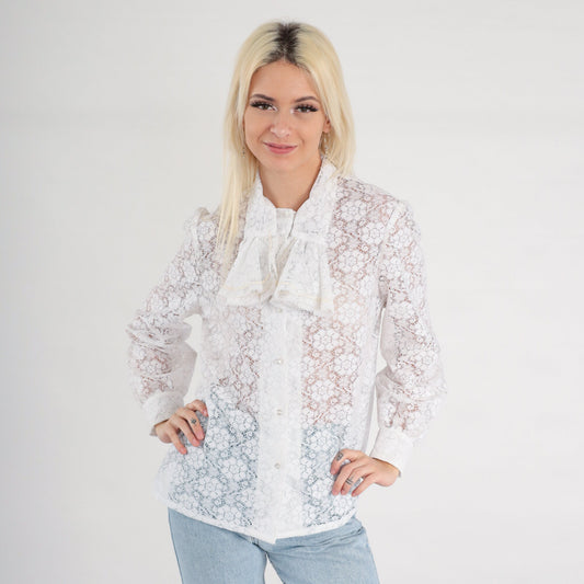 70s White Lace Jabot Blouse Long Sleeve Button Up Tuxedo Shirt Medium