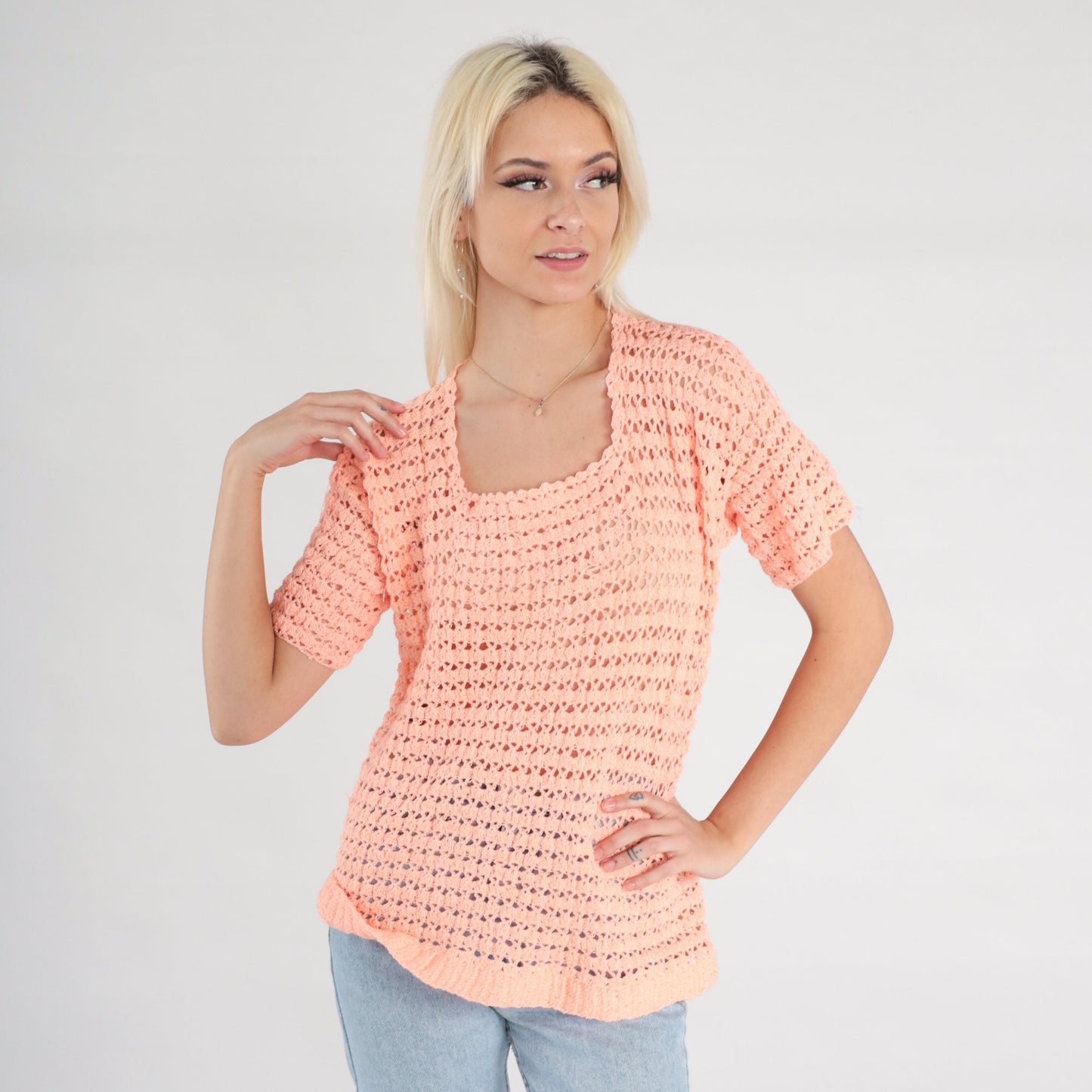 80s Orange Crochet Blouse Peach Open Weave Short Sleeve Small