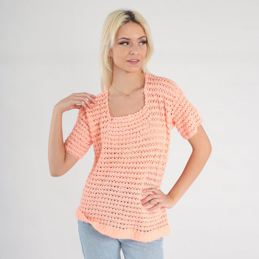 80s Orange Crochet Blouse Peach Open Weave Short Sleeve Small