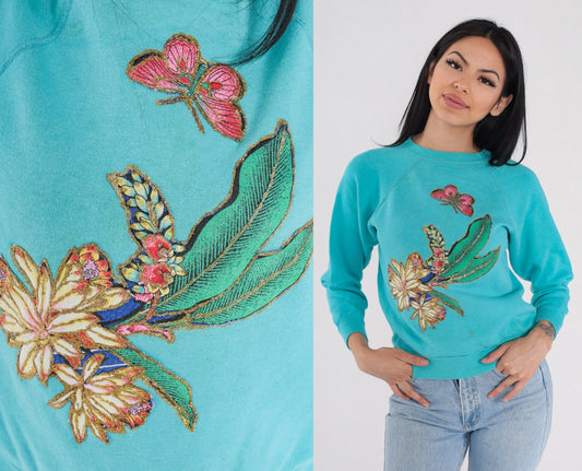 90s Glitter Floral Butterfly Sweatshirt Teal Blue Raglan Graphic XS