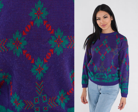 90s Purple Snowflake Knit Sweater Geometric Crewneck Pullover Medium M