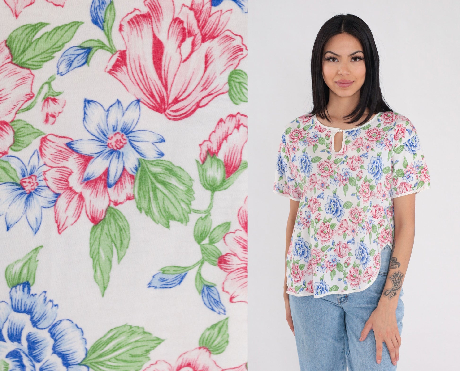90s Floral Keyhole Blouse White Flower Print Cotton Short Sleeve Small