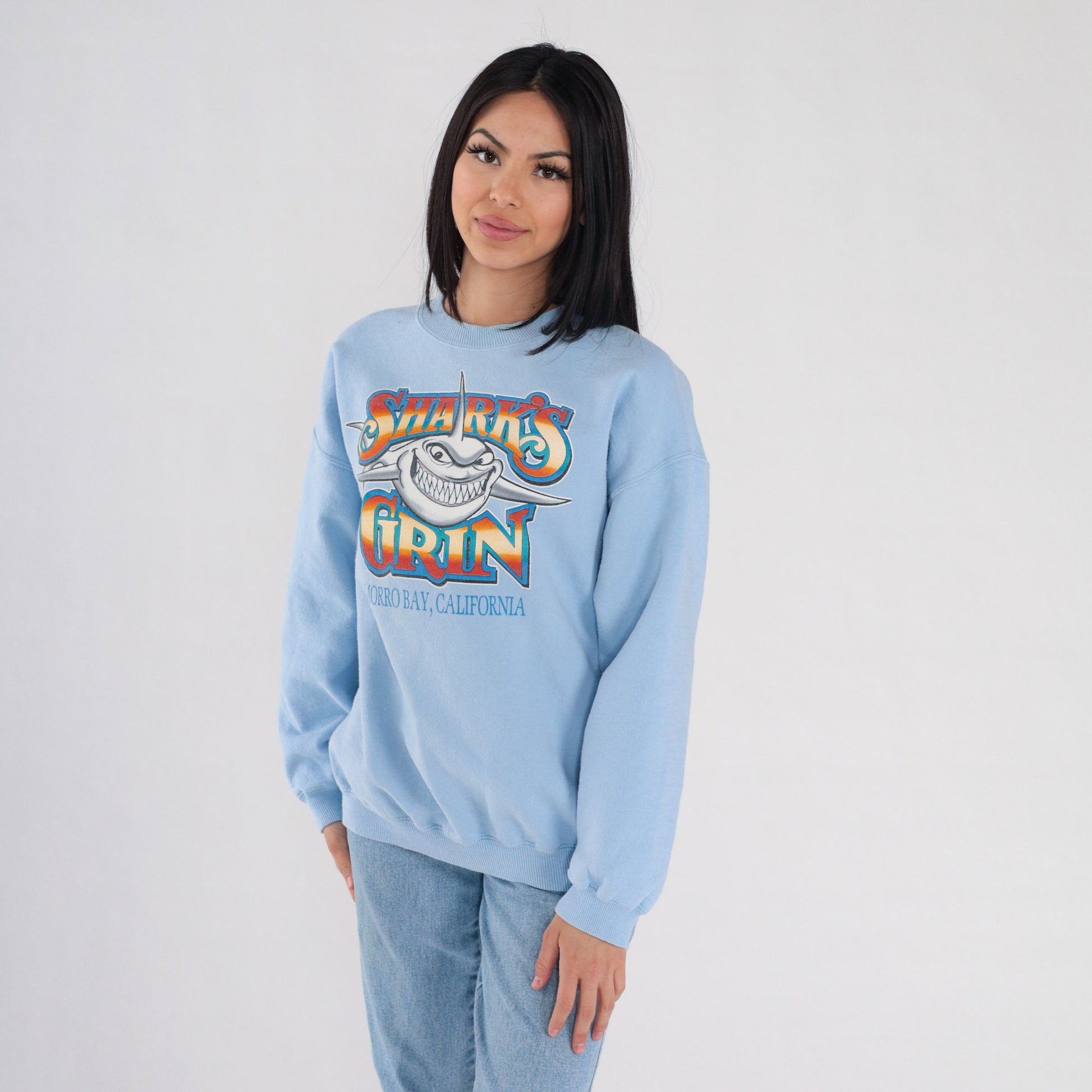 90s Shark's Grin Morro Bay California Sweatshirt Blue Graphic Pullover Large L