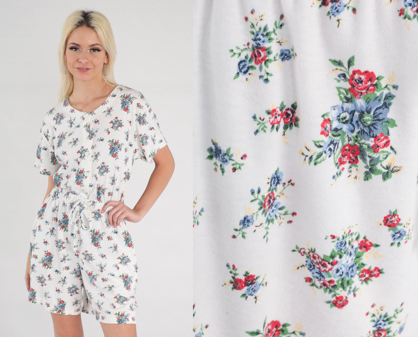 90s White Floral Romper Button-Up Short Sleeve Wide Leg Playsuit Small