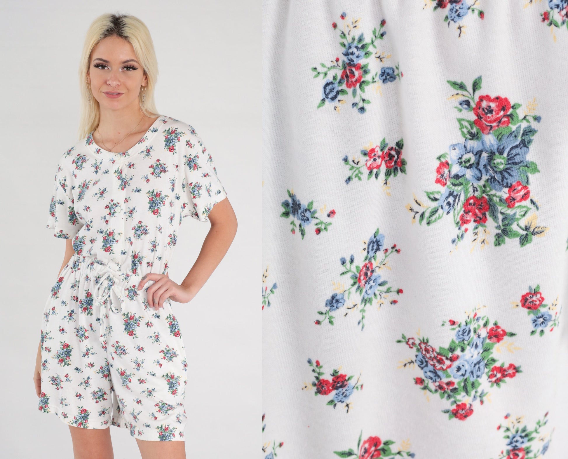 90s White Floral Romper Button-Up Short Sleeve Wide Leg Playsuit Small