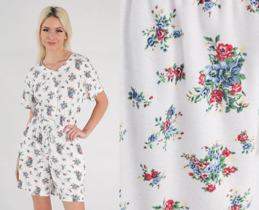 90s White Floral Romper Button-Up Short Sleeve Wide Leg Playsuit Small