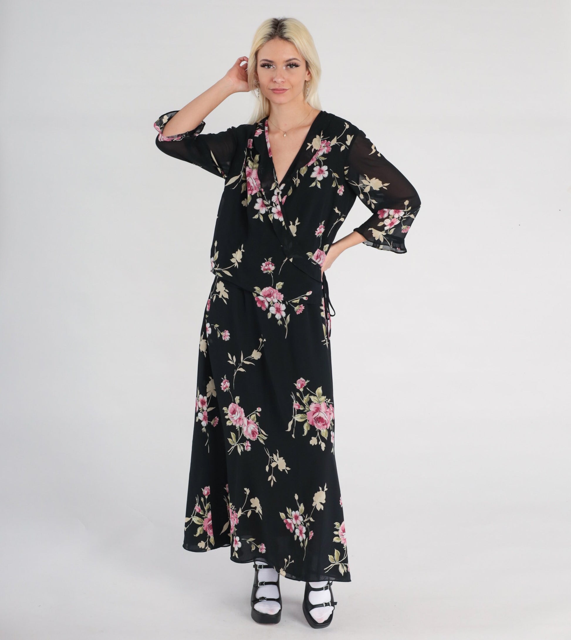 90s Black Floral Chiffon Maxi Dress V-Neck 3/4 Sleeve Wrap Large