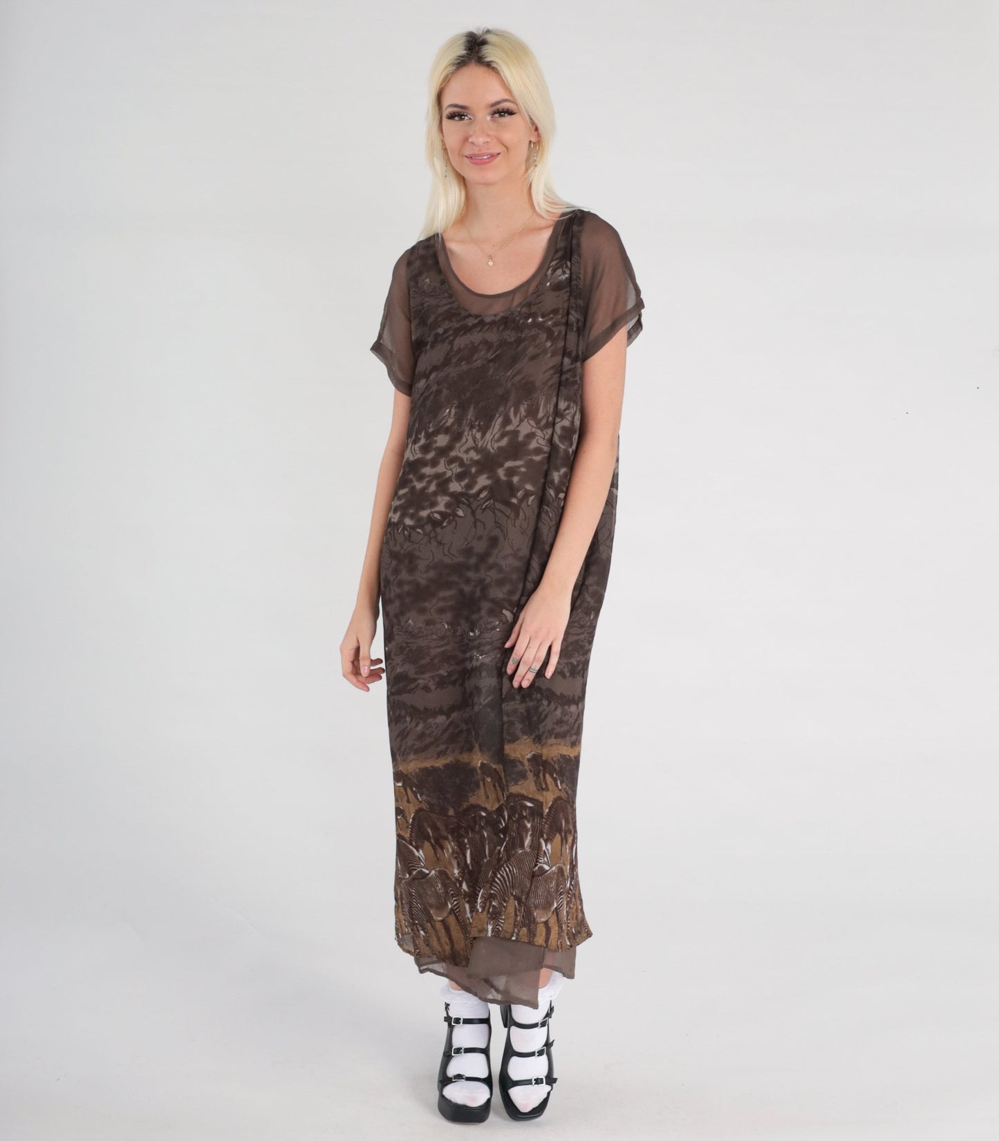 90s Zebra Print Shift Dress Brown Column Midi Short Sleeve Medium