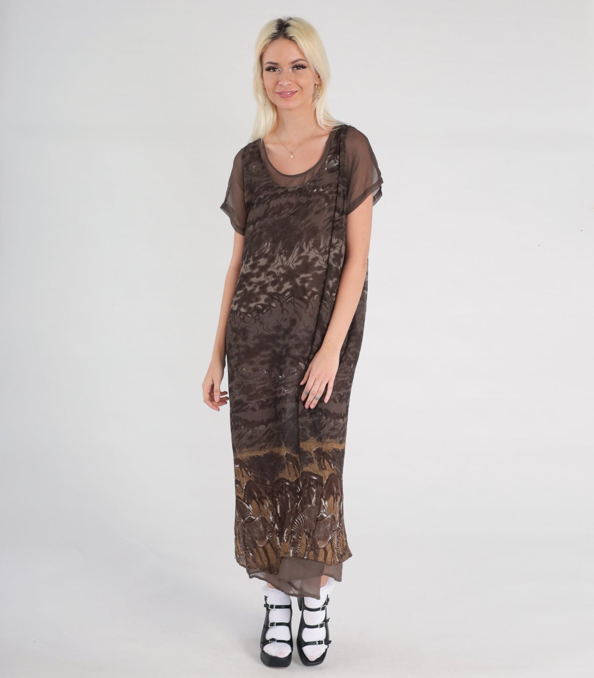 90s Zebra Print Shift Dress Brown Column Midi Short Sleeve Medium