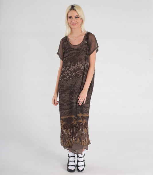 90s Zebra Print Shift Dress Brown Column Midi Short Sleeve Medium