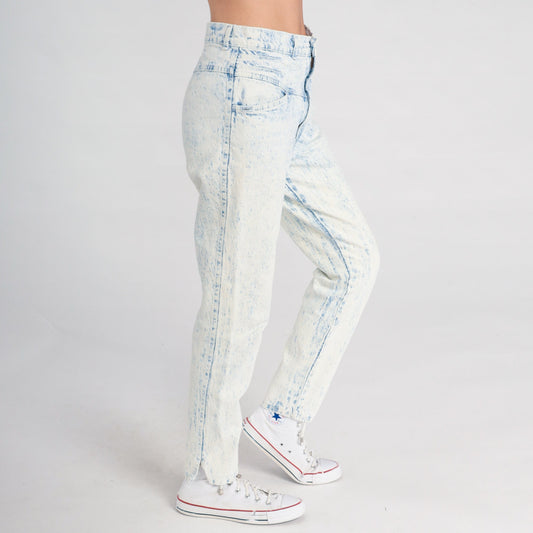80s Acid Wash High Waist Mom Jeans Blue White Tapered Denim Small 28