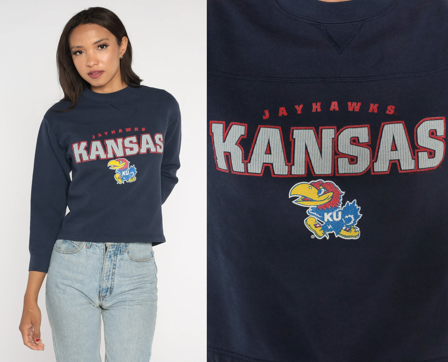 Y2K Kansas Jayhawks NCAA Football Sweatshirt Navy Crewneck Extra Small