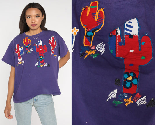 90s Cactus Saguaro Painted T-Shirt Purple Southwest Graphic Cotton Tee