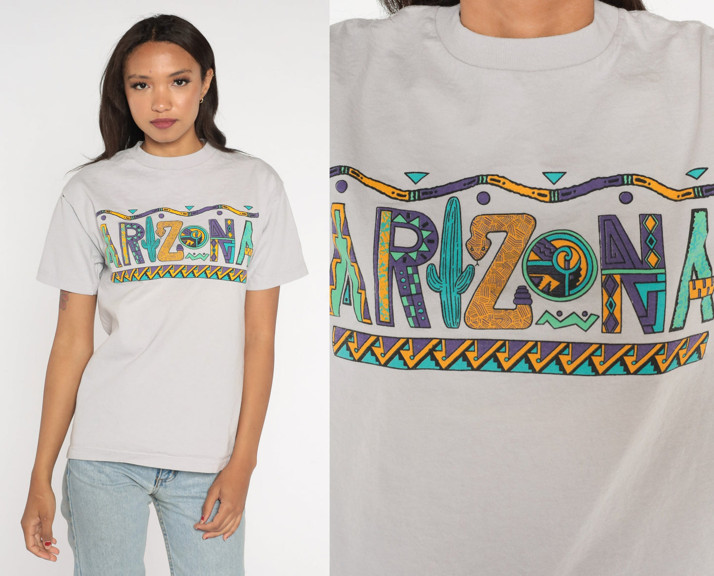 Y2K Arizona Southwestern Cactus Graphic T-Shirt Grey Cotton Medium