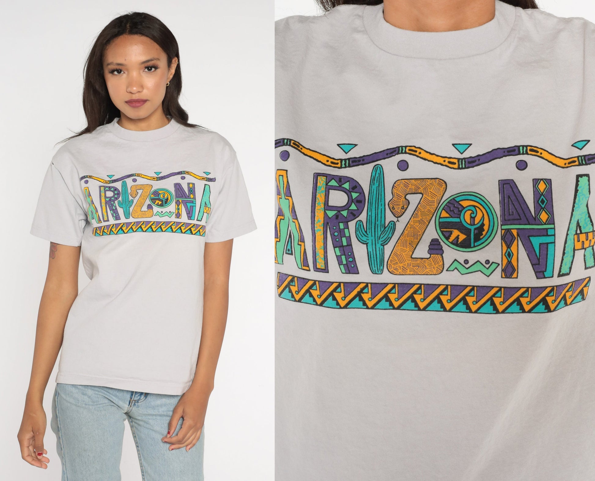 Y2K Arizona Southwestern Cactus Graphic T-Shirt Grey Cotton Medium