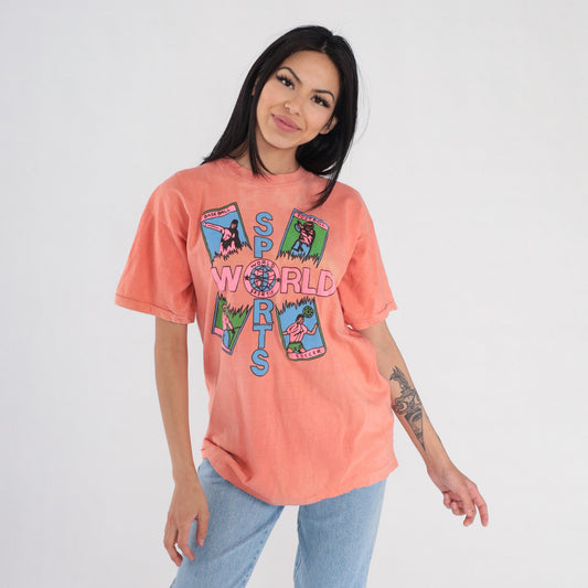 90s World Sportif French Graphic T-Shirt Peach Cotton Single Stitch Medium